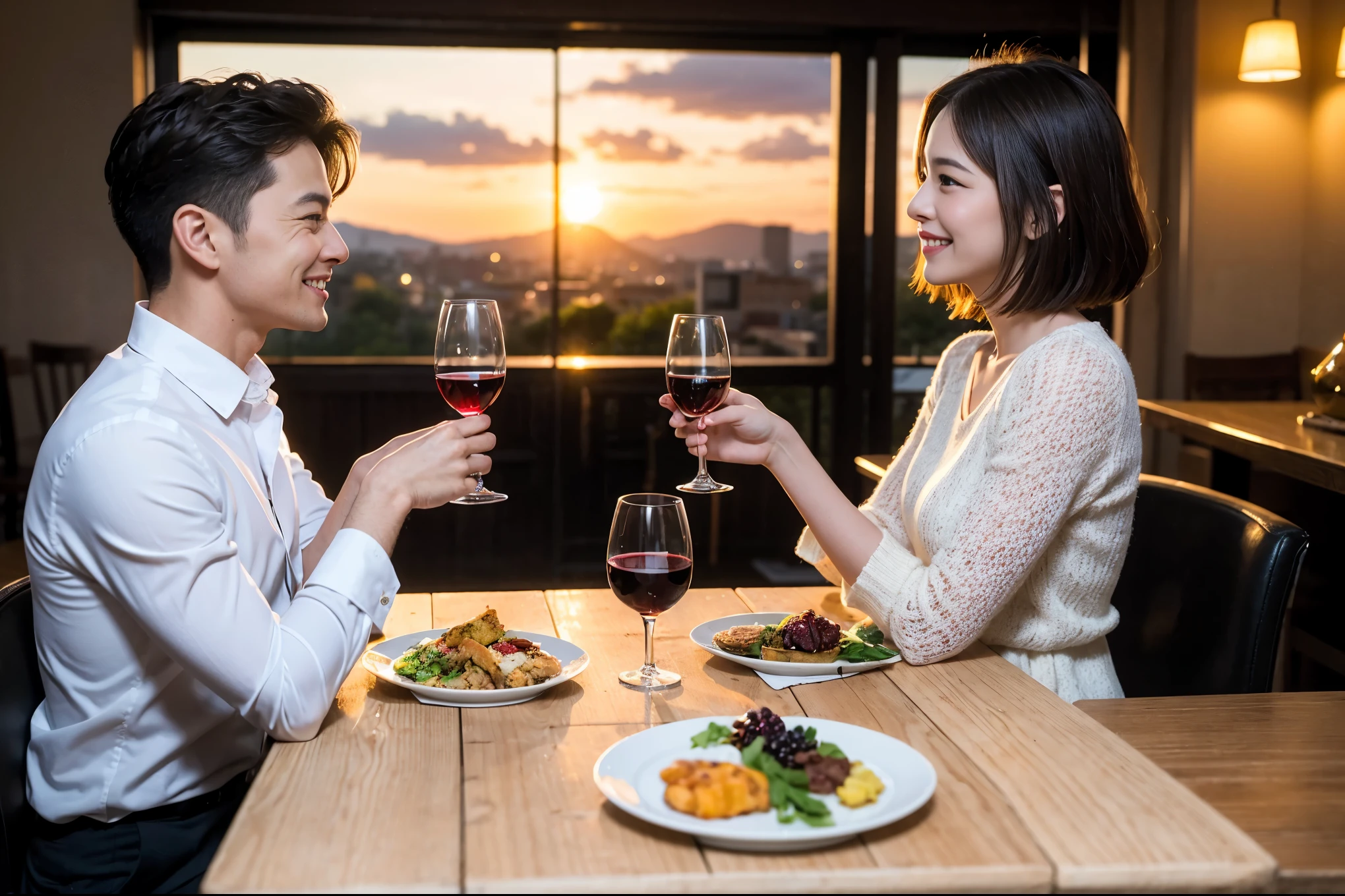 ((highest quality、8k、masterpiece:1.3))、 (Genuineistic, Genuine、Bright image、Intricate details:1.2), 最高のsmile 男性1人 女性1人、Beautiful Couple、Lovers、Japanese couple、A gentle lover、actress、Model Couple、smile、full-course dinner、 (Slim face), (the body is slim), (Brown Hair), (short hair), テーブルの上のwine glass、Please shine a light on my face、 Amazing view of the sunset sky and clouds、 (42 years old), 39 years old, red wine 、Appetizers、Wine bottle、sparkling wine、Long sleeve shirt、dress、White wine, red wine, wine glass, 
