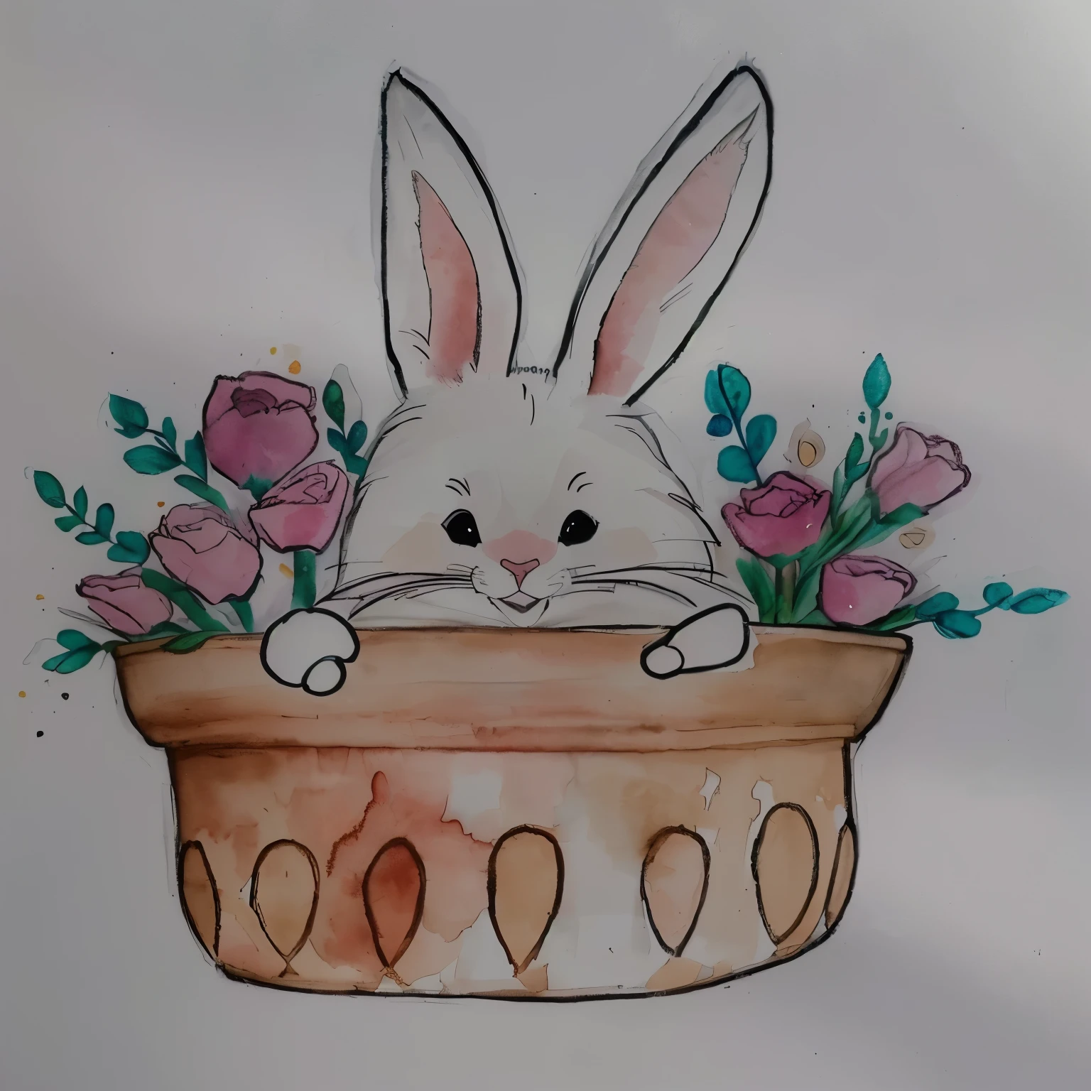 there is a drawing of a coelho in a flower pot, inspirado em Beatrix Potter, por Ilka Gedő, Direction: Glenys Cour, aquarela e caneta, coelhinho, detalhe adicionado, the coelhinho has pink fur, por Károly Lotz, anthropomorphic coelho, Tinta e aquarela, coelho, a coelho full of hope