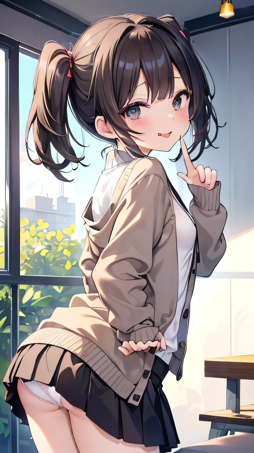 (8k、Best image quality、highest quality、masterpiece)、Detailed face、((Change the sand))、Black Hair、Short Twin Tails、Grey Eyes、Wicked Smile、((Open your mouth and extend your tongue))、Small breasts、((Brown cardigan))、Checked skirt、(((Micro Mini Skirt)))、((Bent over))、Cowboy Shot、((White panties))、Looking Back、Jim's warehouse