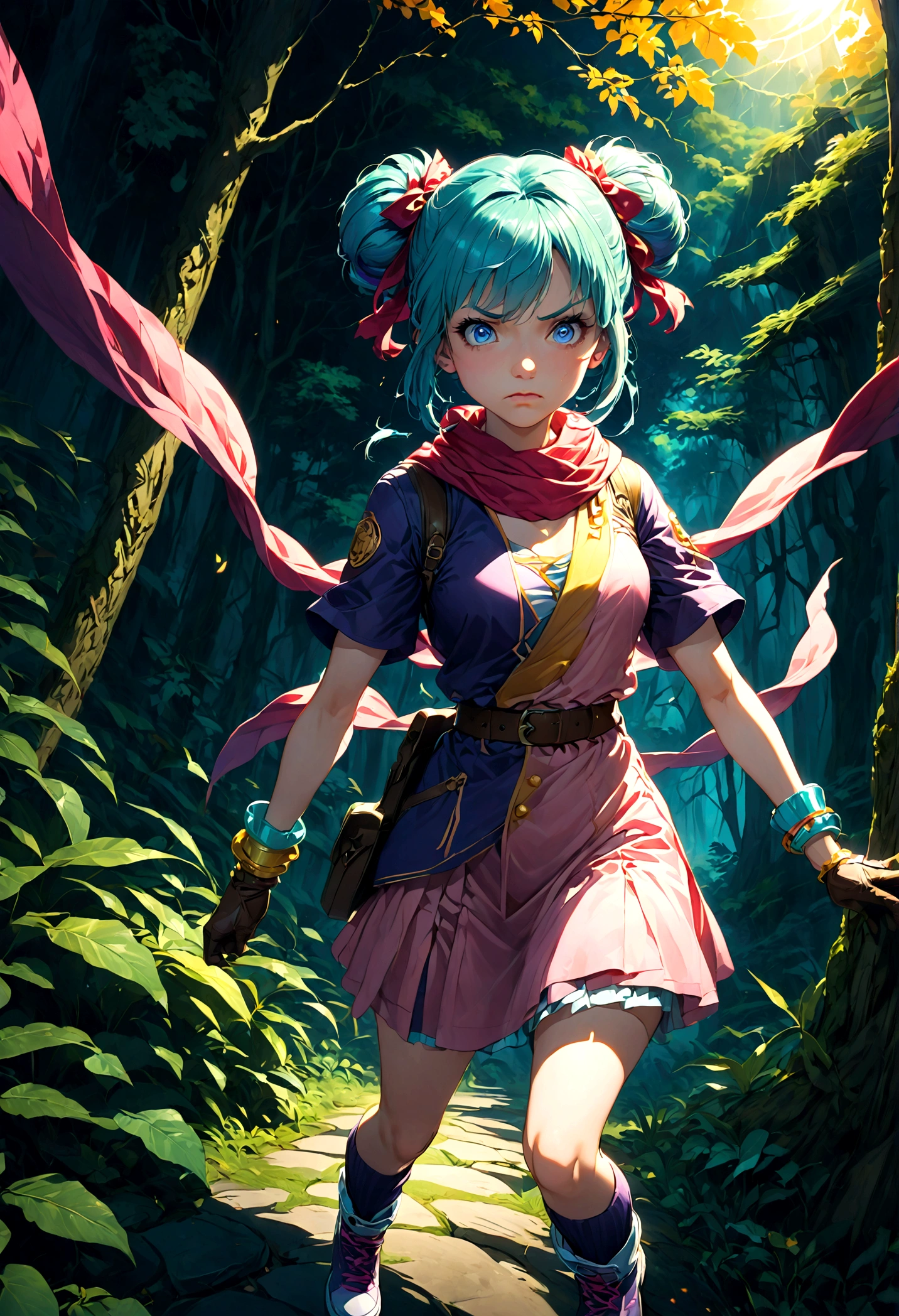 1girl, bulma, (Disgusted Look, frown:1.2), disgust, Disgusted face, contempt, blue hair, blue eyes, ankle boots, ankle socks, belt, blue footwear, boots, bracelet, braid, braided ponytail, brown belt, brown gloves, dress, gloves, hair ribbon, jewelry, loose socks, parted bangs, pink dress, purple scarf, purple socks, red ribbon, ribbon, scarf, shoes, short dress, short sleeves, single glove, sneakers, socks, vertical-striped clothes, vertical-striped dress, outdoors, forest, looking at viewer, close up, glowing eye, dutch angle, cowboy shot, anime screenshot, source_anime, dramatic composition, cinematic dynamic action scene, vibrant colors, cinematic lighting, dramatic lighting, best quality, masterpiece, very aesthetic, perfect composition, intricate details, ultra-detailed