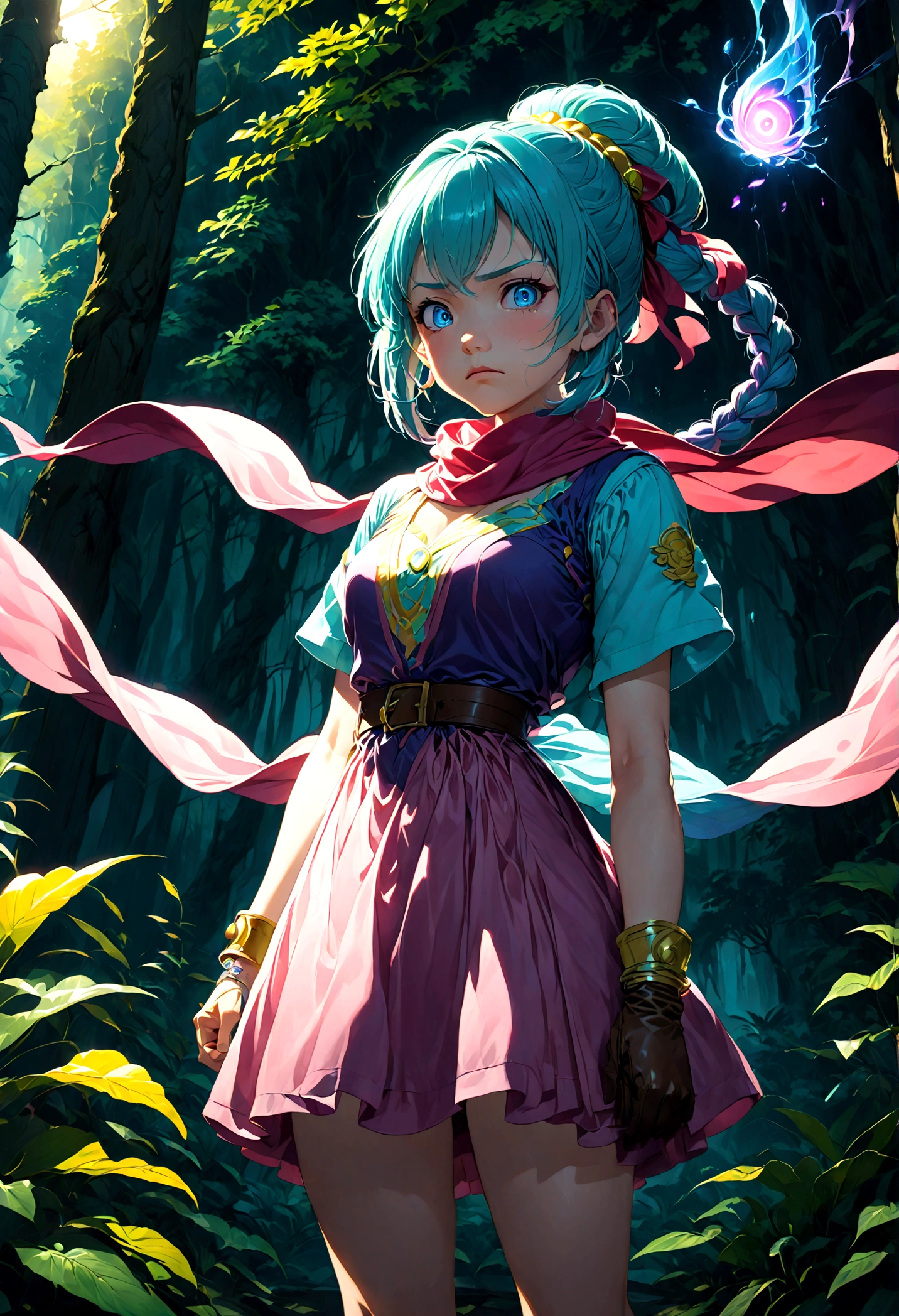 1girl, bulma, (Disgusted Look, frown:1.2), disgust, Disgusted face, contempt, blue hair, blue eyes, ankle boots, ankle socks, belt, blue footwear, boots, bracelet, braid, braided ponytail, brown belt, brown gloves, dress, gloves, hair ribbon, jewelry, loose socks, parted bangs, pink dress, purple scarf, purple socks, red ribbon, ribbon, scarf, shoes, short dress, short sleeves, single glove, sneakers, socks, vertical-striped clothes, vertical-striped dress, outdoors, forest, looking at viewer, close up, glowing eye, dutch angle, cowboy shot, anime screenshot, source_anime, dramatic composition, cinematic dynamic action scene, vibrant colors, cinematic lighting, dramatic lighting, best quality, masterpiece, very aesthetic, perfect composition, intricate details, ultra-detailed