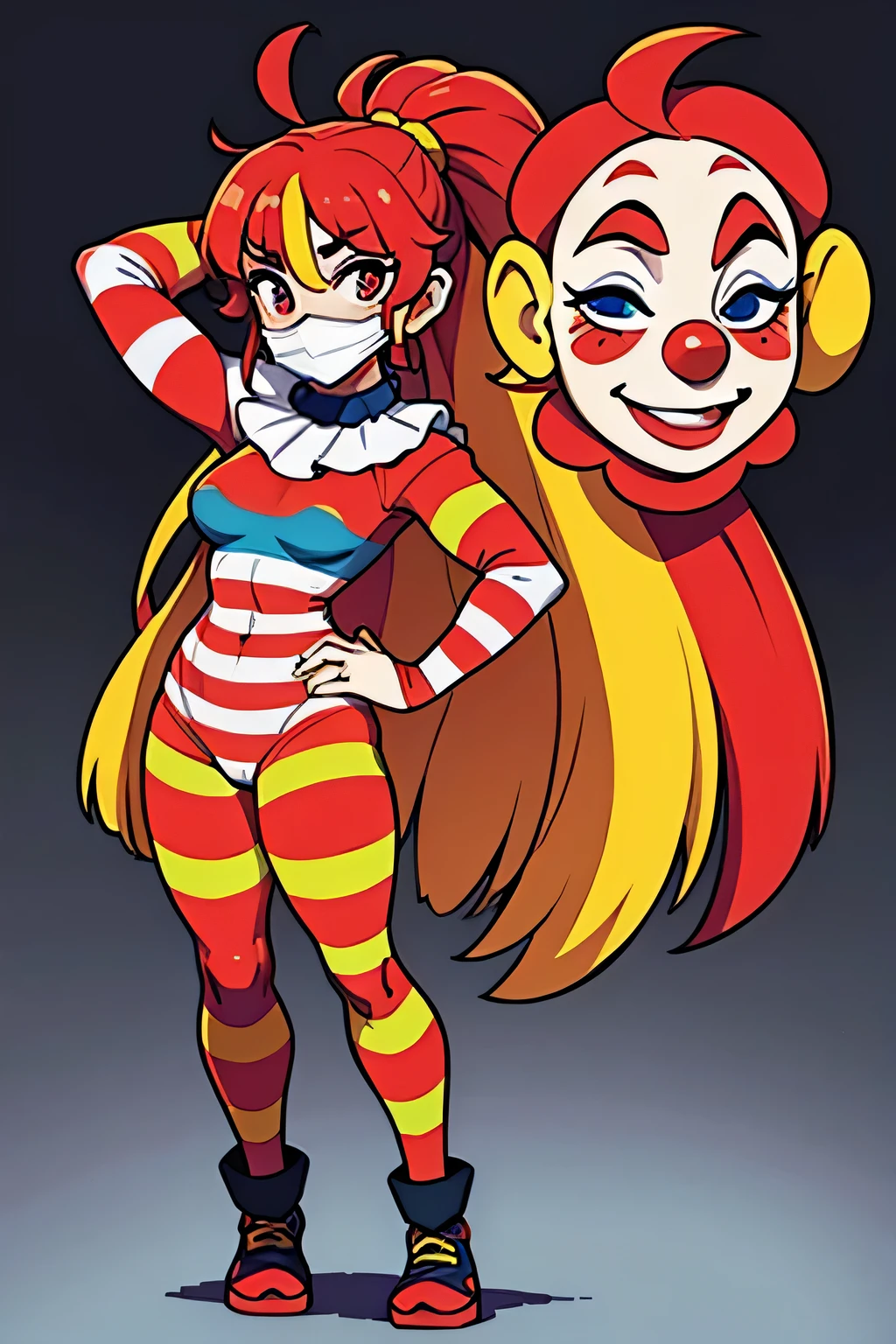 circus girl , clown costume, half face mask , full body