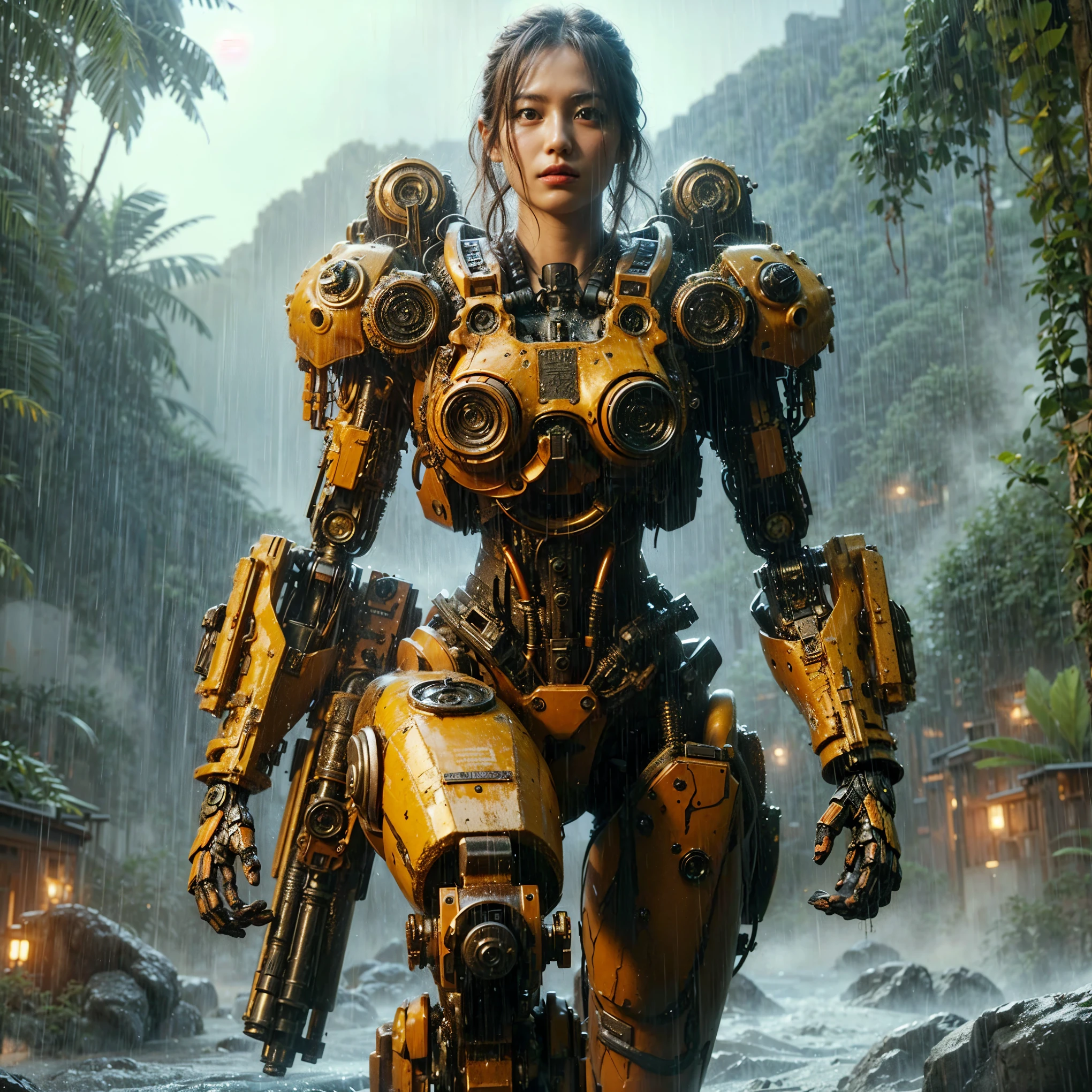 (masterpiece, best quality:1.2), (8k uhd, 16k, 32k, ultra high res), realistic photo, ultra sharp photo result, HDR10, superrealism, (The main subject: Wide-angle lens), (steampunk:1.2), beautiful female, (super beautiful face), legs, Power mechanical suit), (super intricate all details), (super realistic all textures), metallic yellow color, hydraulic cylinder, Rust, scars from previous battles, (steam engine like),cinematic poses in motion, Rain, humidity, jungle