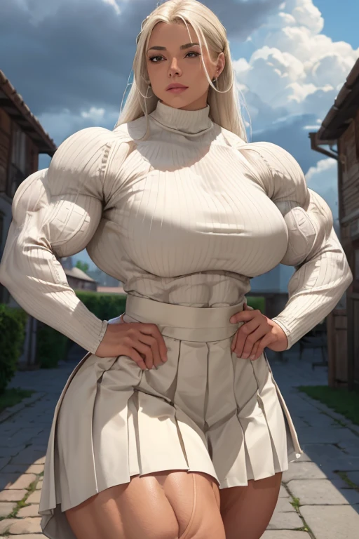 (((((Massive tall, beautiful, buff, light brown skinned muscular woman with white hair, ginormous bulky muscles and wearing a beautiful white long-sleeved turtleneck sweater with a long pleated skirt))))), (close view), (massive muscles), long straight hair, ((black pantyhose)), blue eyes, choker, ((beautiful turtleneck sweater)), pleated skirt, belt, white boots, (in the Cloudy beautiful village), closed smile, night, ginormous muscles