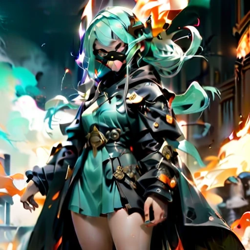 anime girl, priest suit, long mint-cloak, hoodie masked, thunder fist, combat action, iconic strike stance, epicRealism, 8k, UHD super detailed, perfect face, perfect fist, perfect feet, ethereal, thick smoke and flames