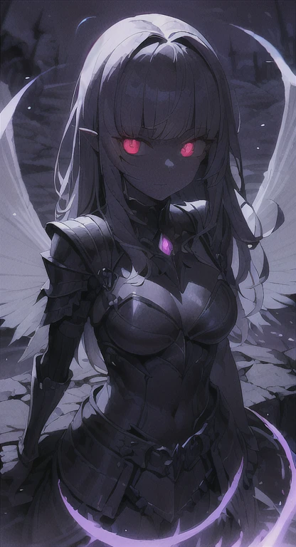 Hell fortress life, wings, evil fairy, Amelia, darkness knight, armor, Forrest, glowing eyes, female creature,