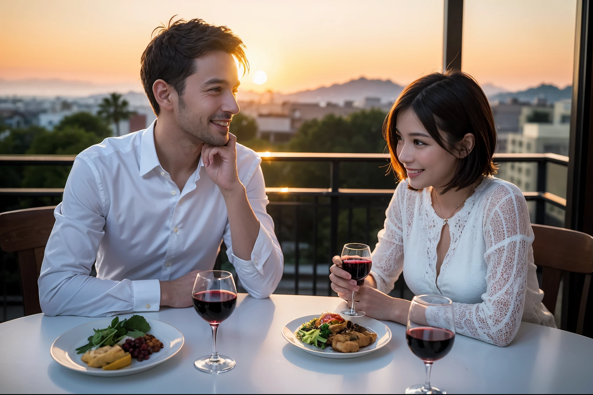((highest quality、8k、masterpiece:1.3))、 (Genuineistic, Genuine、Bright image、Intricate details:1.2), 最高のsmile 男性1人 女性1人、Beautiful Couple、spouse、Couple、lover、actress、モデルCouple、smile、full-course dinner、 (Slim face), (the body is slim), (Brown Hair), (short hair), テーブルの上のwine glass、Please shine a light on my face、 Amazing view of the sunset sky and clouds、 (42 years old), 39 years old, red wine 、Appetizers、Wine bottle、sparkling wine、Long sleeve shirt、dress、White wine, red wine, wine glass,