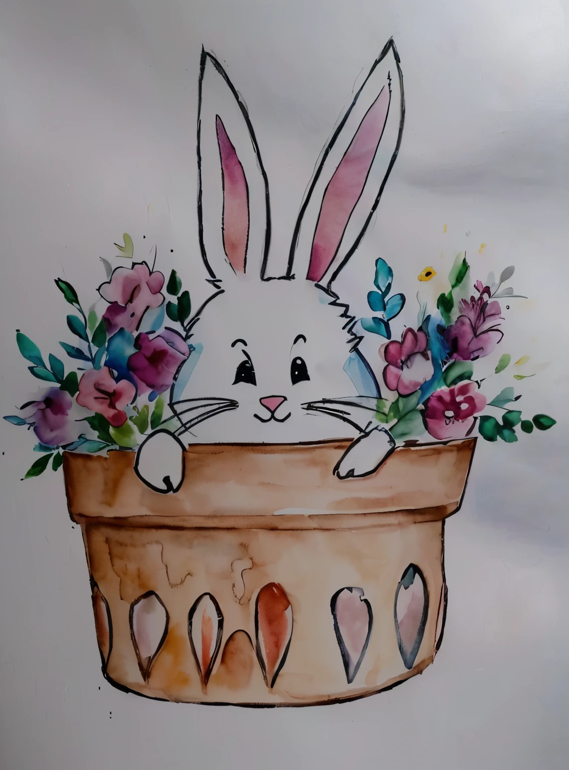 there is a drawing of a coelho in a flower pot, inspirado em Beatrix Potter, por Ilka Gedő, Direction: Glenys Cour, aquarela e caneta, coelhinho, detalhe adicionado, the coelhinho has pink fur, por Károly Lotz, anthropomorphic coelho, Tinta e aquarela, coelho, a coelho full of hope