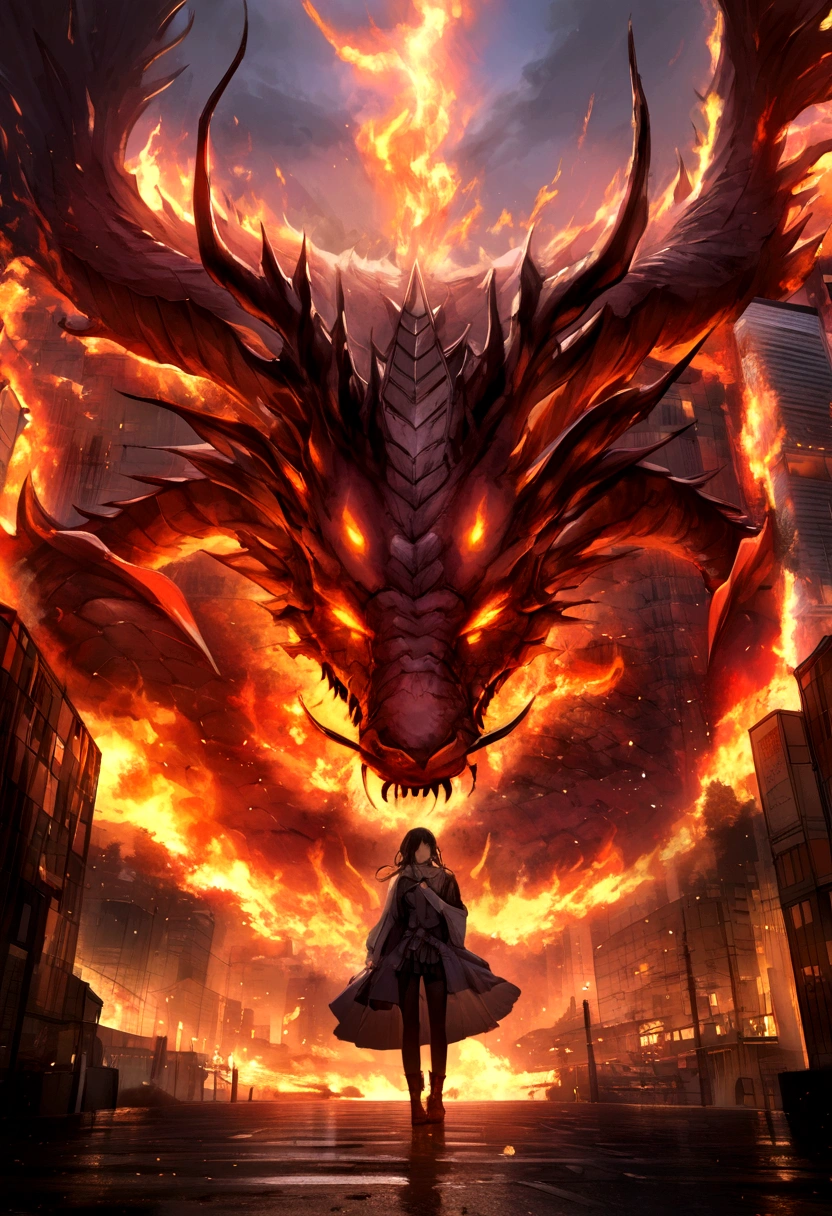 Dark dragon of geographical data in detailed hyperrealistic photography style、Spit flame、Flame Background、Kyoto city、