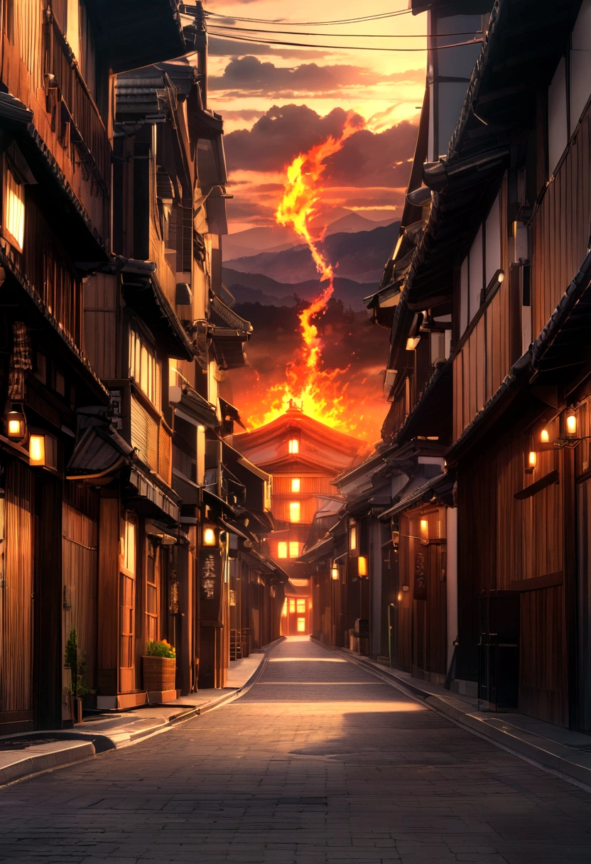 Dark dragon of geographical data in detailed hyperrealistic photography style、Spit flame、Flame Background、Kyoto city、
