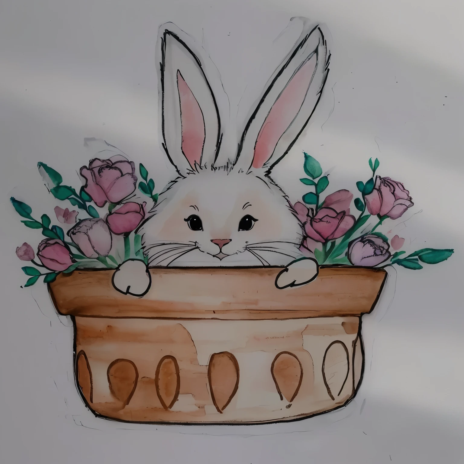 there is a drawing of a coelho in a flower pot, inspirado em Beatrix Potter, por Ilka Gedő, Direction: Glenys Cour, aquarela e caneta, coelhinho, detalhe adicionado, the coelhinho has pink fur, por Károly Lotz, anthropomorphic coelho, Tinta e aquarela, coelho, a coelho full of hope