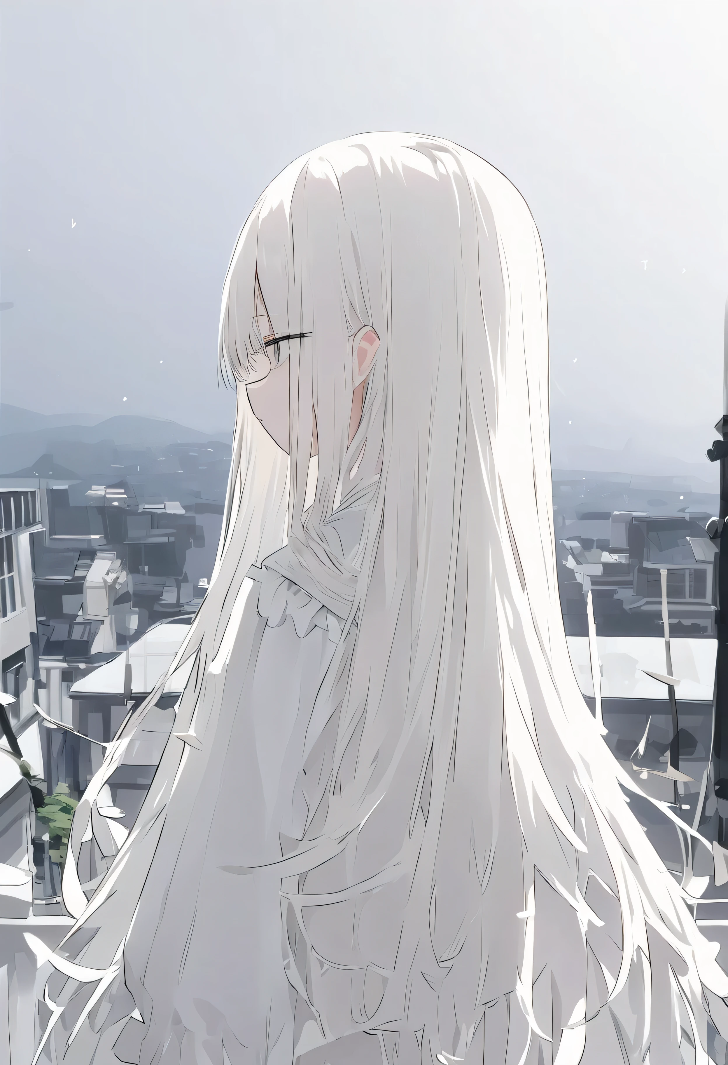 off white色、off white、Girl、off whiteの髪、Hair color is off white、髪がoff white、Long Hair、Eye color is off white、All of the eyes are off white、Overall, off white Girl、off whiteのGirl、The background is off white、Off white background、Off White Room、emotionless