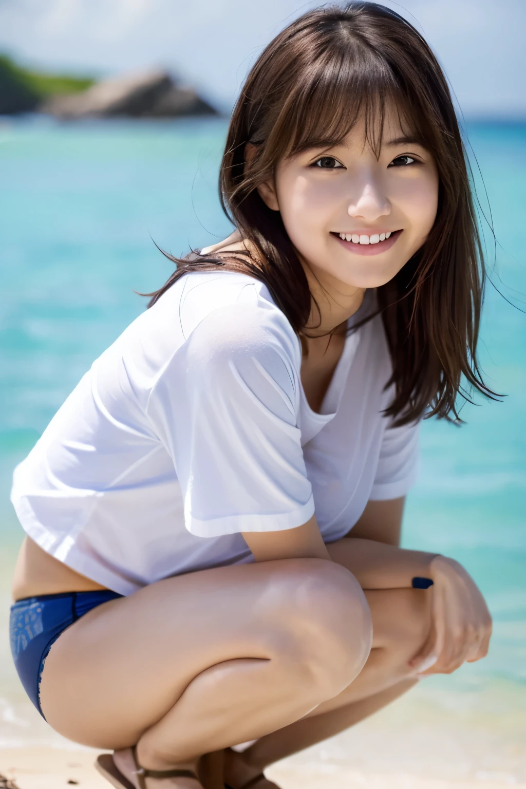 -yeld fee、 Big Breasts、White skin、 Smiling Japanese model、 Cute gravure idol、 Young Gravure Idol、 若くてCute gravure idol、 リアルにCute gravure idol、 笑顔がCute gravure idol、 A sophisticated gravure idol、Deserted Island、(Dirty plain T-shirt)、(Plain torn T-shirt)、(Dirty white panties)、Crouching、Beautiful sea、