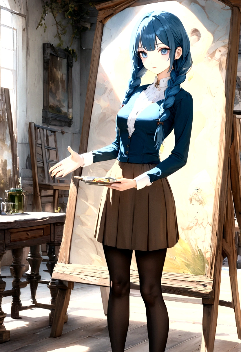 Blue Hair Surrealism, Character table, Reference Table, Standing painting, 8k, Super Detail, 1080P, Women HD, 4K, 8k, 16k, high resolution, best quality, high quality, Anatomically correct, masterpiece, precise, Ultra HD，grace，Unreal Engine，Delicate face，Long braids，slim，Long legs，miniskirt