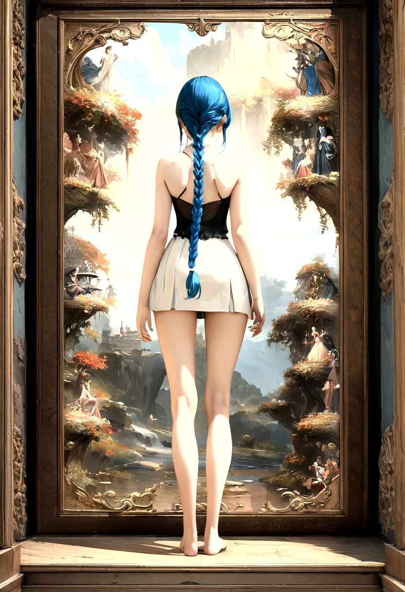 Blue Hair Surrealism, Character table, Reference Table, Standing painting, 8k, Super Detail, 1080P, Women HD, 4K, 8k, 16k, high resolution, best quality, high quality, Anatomically correct, masterpiece, precise, Ultra HD,grace,Unreal Engine,Delicate face,Long braids,slim,Long legs,miniskirt