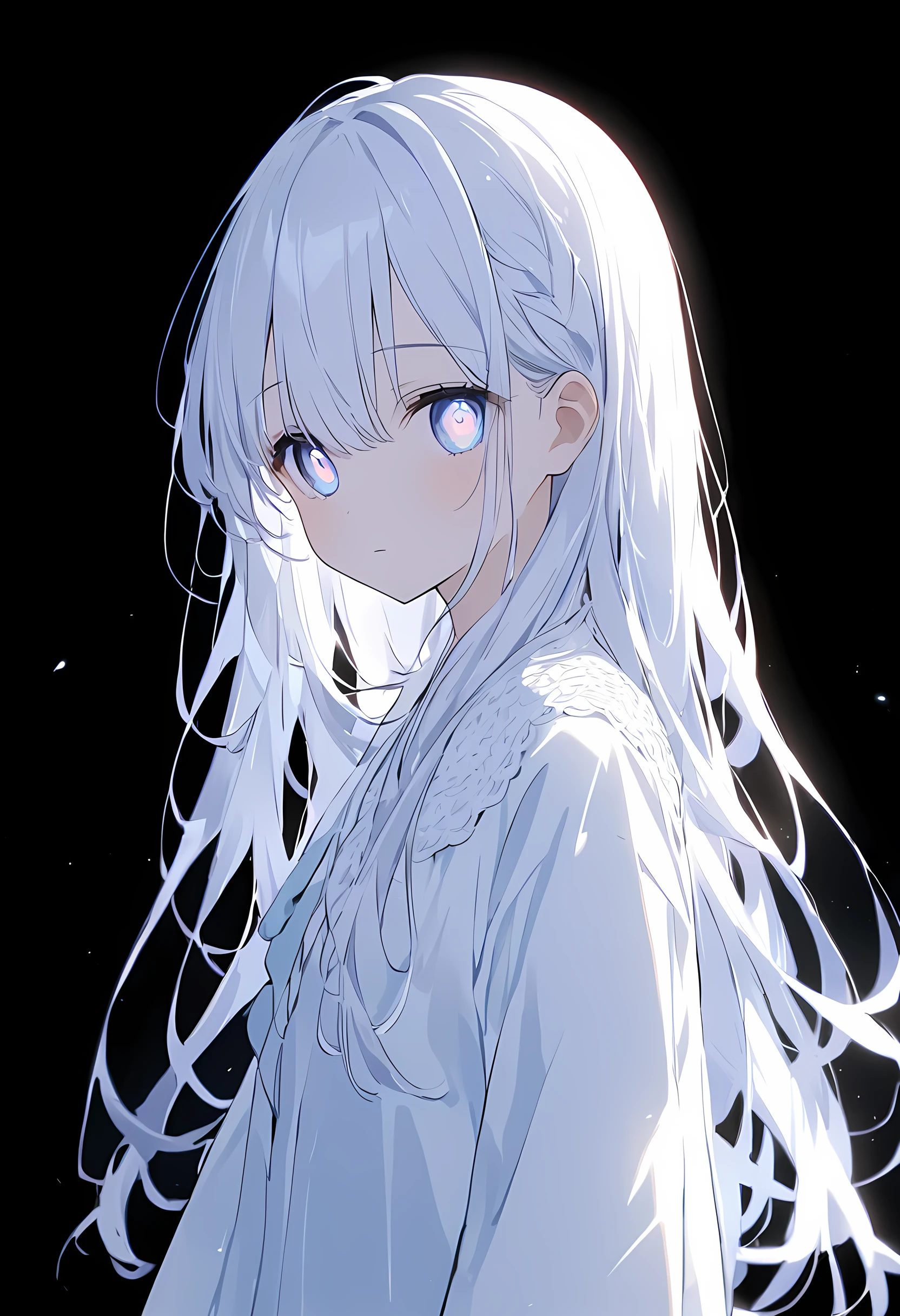 White、white、Girl、Whiteの髪、My hair is white、Long Hair、目の色はWhite、White's eyes、Whiteの目、All eyes are white、全体的にWhiteのGirl、WhiteのGirl、The background is white、Whiteの背景、Whiteの部屋、There are highlights on the eyes、Emotionless、Expressionless、White Room、White background、White Roomに居る