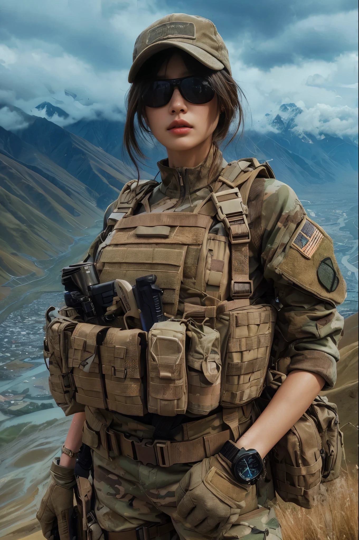 a highly detailed portrait of a japanese woman in the american military special forces, wearing full tactical gear including a bulletproof vest, watch, and military pants, standing in a mountainous american landscape, hyperrealistic, 8k, extremely realistic skin texture, photorealistic, superrealism, best quality, 4k, 8k, highres, masterpiece:1.2, ultra-detailed, realistic, photorealistic, photo-realistic:1.37, HDR, UHD, studio lighting, ultra-fine painting, sharp focus, physically-based rendering, extreme detail description, professional, vivid colors, bokeh