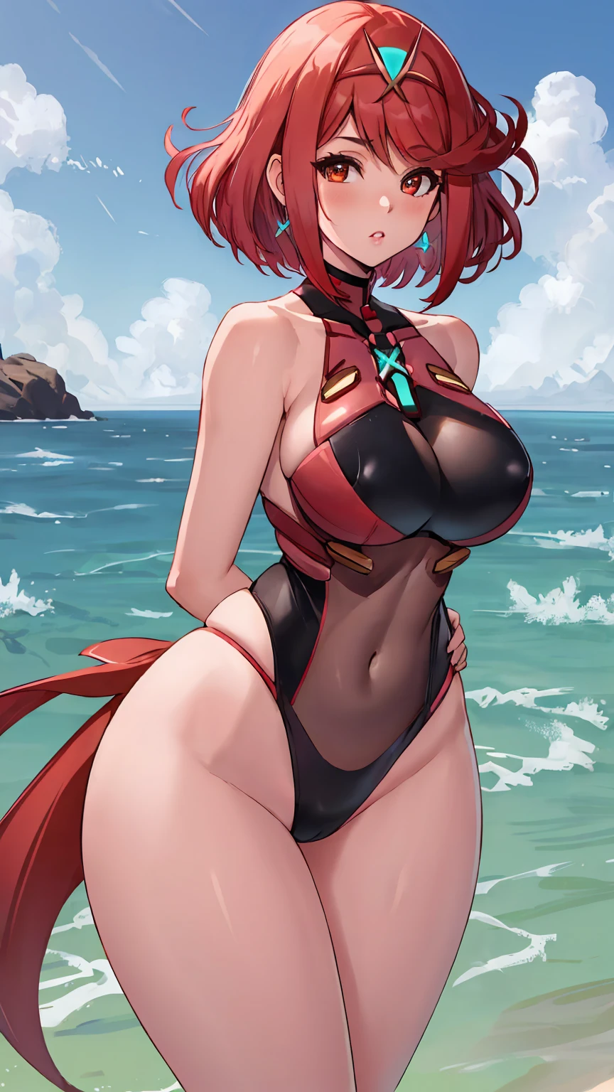 masterpiece, high quality, high-resolution image looking at viewer. long legs, arms behind back, pyra, red hair, sexy, swimsuit, xenoblade, large breasts, (((breasts Focus)))