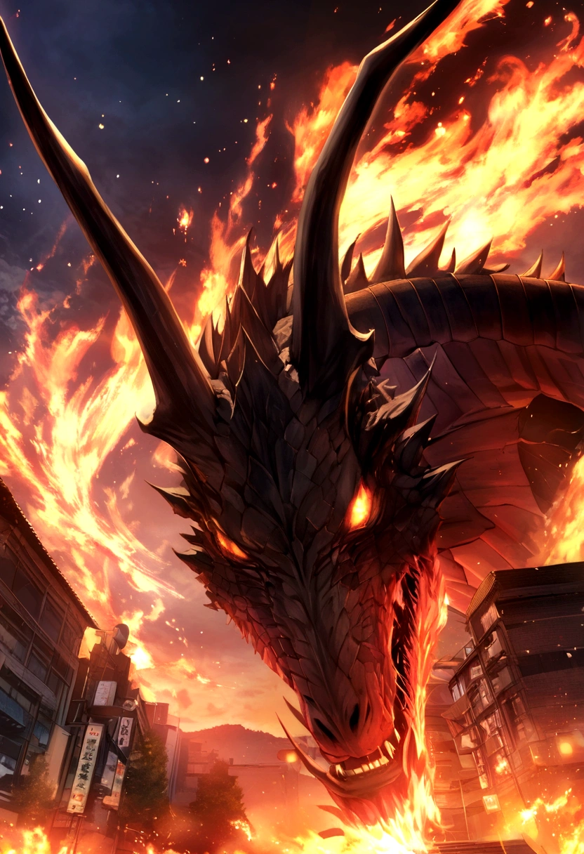 Dark dragon of geographical data in detailed hyperrealistic photography style、Spit flame、Flame Background、Kyoto city、CG、
