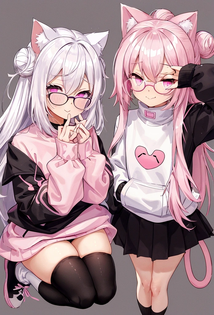 I have white pink hair, cat ears, a bun, my face is super blushing, black glasses, pink heart eyes, a big pink sweatshirt, a black skirt, black stockings, white shoes, a cat&#39;s tail, a girl. very shy I&#39;m winking and blowing a kiss with one hand