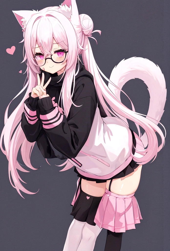I have white pink hair, cat ears, a bun, my face is super blushing, black glasses, pink heart eyes, a big pink sweatshirt, a black skirt, black stockings, white shoes, a cat&#39;s tail, a girl. very shy I&#39;m winking and blowing a kiss with one hand