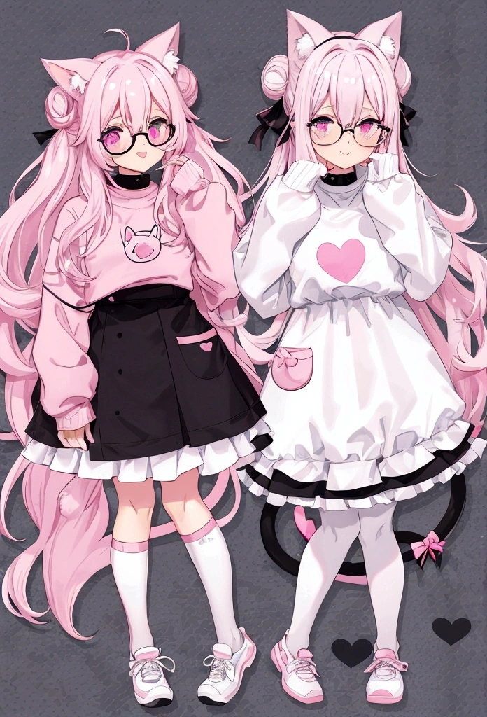 I have white pink hair, cat ears, a bun, my face is super blushing, black glasses, pink heart eyes, a big pink sweatshirt, a black skirt, black stockings, white shoes, a cat's tail, a girl. very shy I'm winking and blowing a kiss with one hand