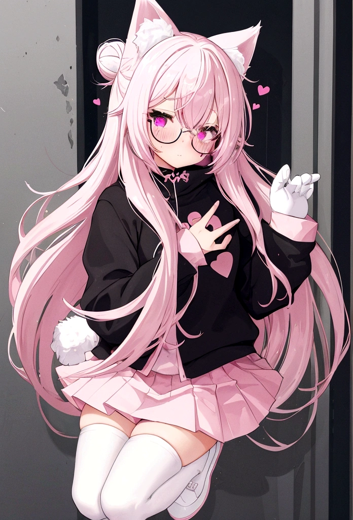 I have white pink hair, cat ears, a bun, my face is super blushing, black glasses, pink heart eyes, a big pink sweatshirt, a black skirt, black stockings, white shoes, a cat&#39;s tail, a girl. very shy I&#39;m winking and blowing a kiss with one hand