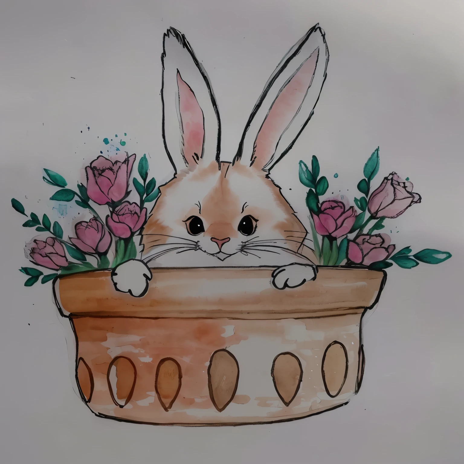 there is a drawing of a coelho in a flower pot, inspirado em Beatrix Potter, por Ilka Gedő, Direction: Glenys Cour, aquarela e caneta, coelhinho, detalhe adicionado, the coelhinho has pink fur, por Károly Lotz, anthropomorphic coelho, Tinta e aquarela, coelho, a coelho full of hope