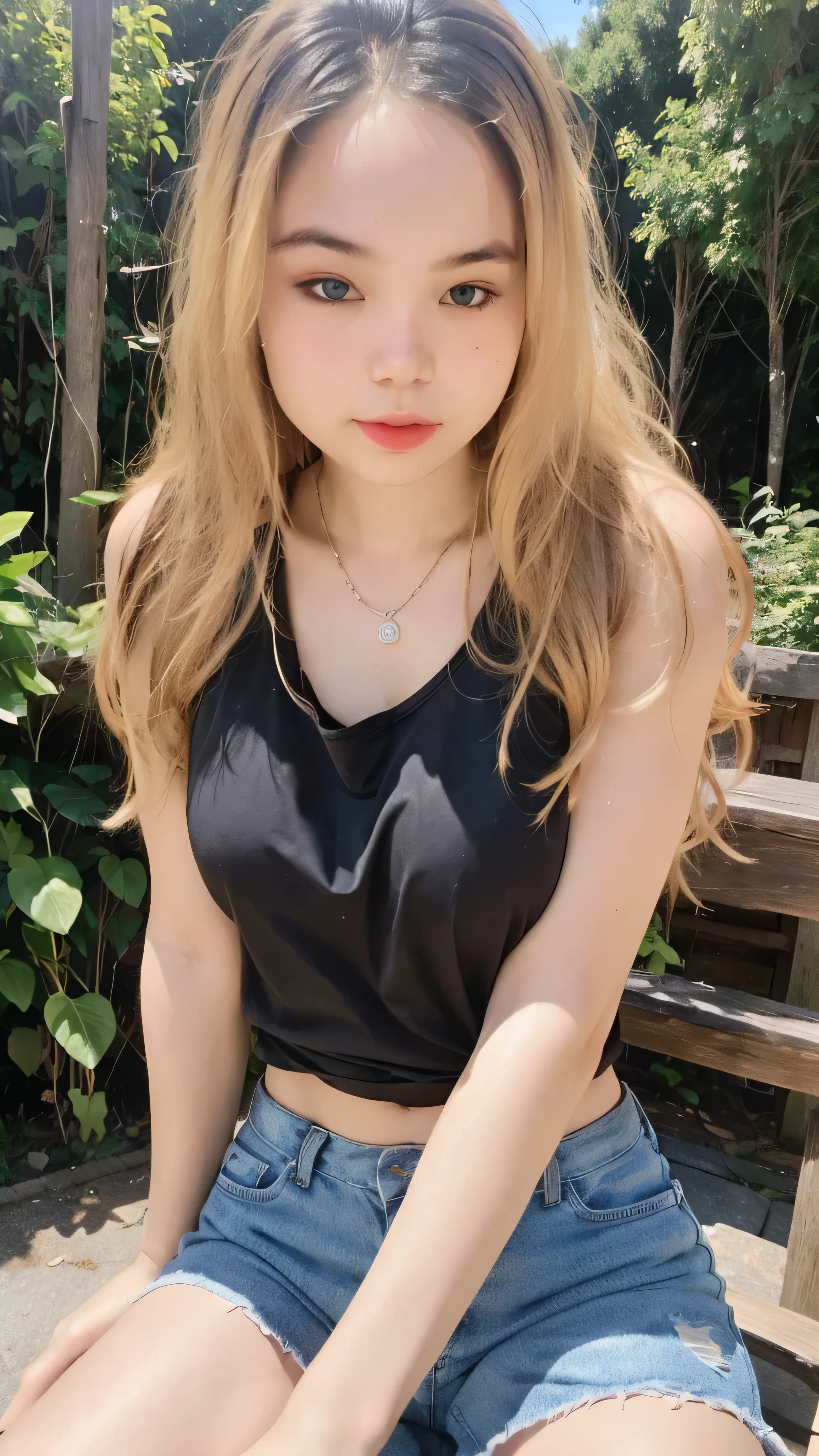 1girl, cute, smaller chest, blonde hair, long hair, high ponytail, bangs, sheer tank top, shorts jeans, sitting, outdoor, full-body portrait, (best quality,4k,8k,highres,masterpiece:1.2),ultra-detailed,(realistic,photorealistic,photo-realistic:1.37)