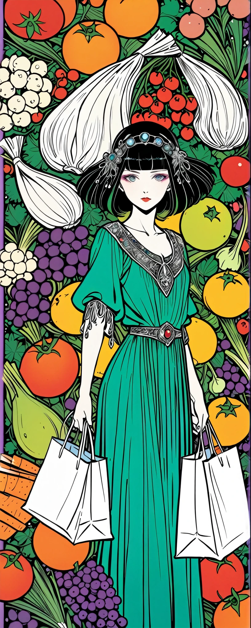 in style of Harry Clarke,
1girl,
BREAK
casual wear,1 shopping bag in hand,plastic bags contain a variety of fresh ingredients,solid color background,fantasty,comic style,minimalist style,making faces,back view,look at the camera,graceful movements,