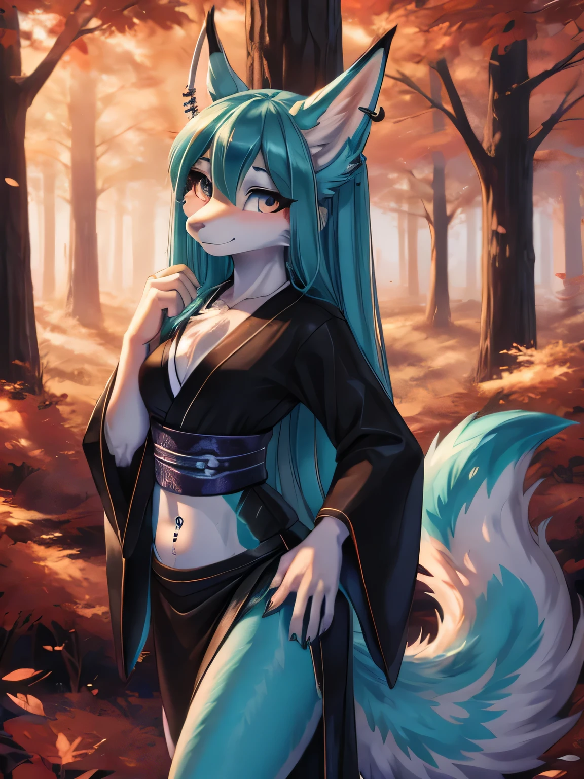 Chica anime, anime style, cute hatsune miku x suicune, shy girl , Orejas de Kitsune, arte de dark natasha, autum forest landscape, arte de vixen aztra, cuerpo completo, patas hermosas, cintura delgada, caderas amplias, piernas torneadas, hermosa, foto de cuerpo completo, sensual navel blouse, black skirt, navel piercing, ear piercing, navel tattoo, shy pose, back pose, hands up, black body, beatifull and detailed hands, kimono, beatifull age
