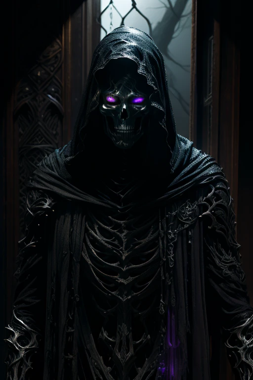 ((realistic illustration:1.4)),(dark fantasy:1.3), ((male)). ((Hooded))(black skeleton:1.2)((shadow:1.1)) (wraith), wearing ((black battle armor)), skeleton with glowing lights in eye sockets,((purple eyes:1.4)), Celtic cross pendant, tall imposing, accompanied by his (raven companion). (agent of divine vengeance).Masterpiece, (highly detailed:1.2),(detailed face and eyes:1.2), 8k wallpaper, natural lighting. core shadows, high contrast, bokeh.