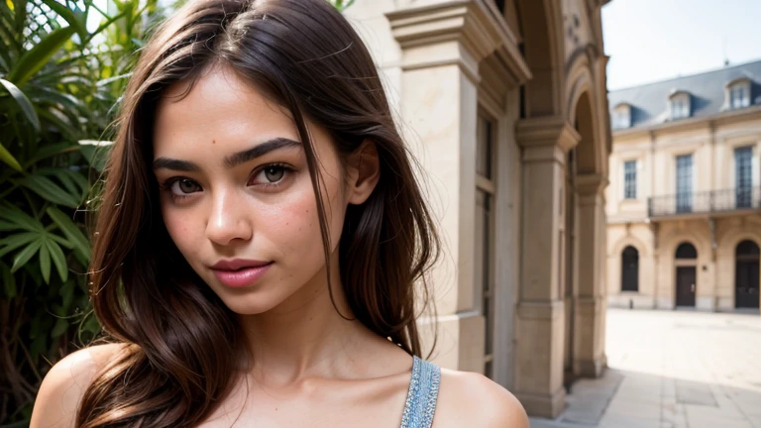 portrait, headshot photo, nice beautiful french puzzled young lady, [location] ​​in the background, oblong face shape, flat cheeks, gradual layers hairstyle, chestnut hair color, lips that are fuller in the middle, ethnic makeup, thin eyebrows, safari fashion style, realistic skin, ultradetailed, detailed composition, symmetrical, photorealistic accuracy, ultra detailed
