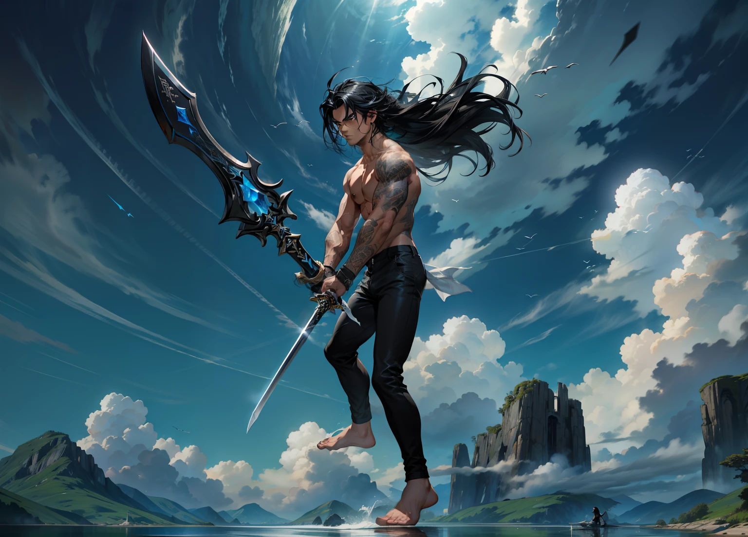 1boy, 26 Years old, Serious face, black hair, long hair, muscular, shirtless, ((black long pants)), holding giant crome sword, blue sky, cloud