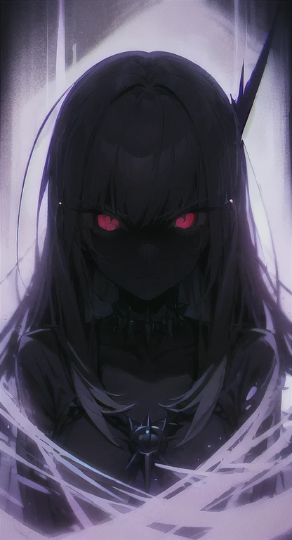 Amelia, spiked choker, glaring at viewer, glowing eyes,