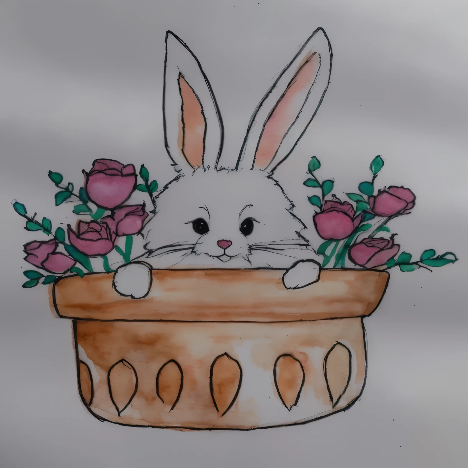 there is a drawing of a coelho in a flower pot, inspirado em Beatrix Potter, por Ilka Gedő, Direction: Glenys Cour, aquarela e caneta, coelhinho, detalhe adicionado, the coelhinho has pink fur, por Károly Lotz, anthropomorphic coelho, Tinta e aquarela, coelho, a coelho full of hope