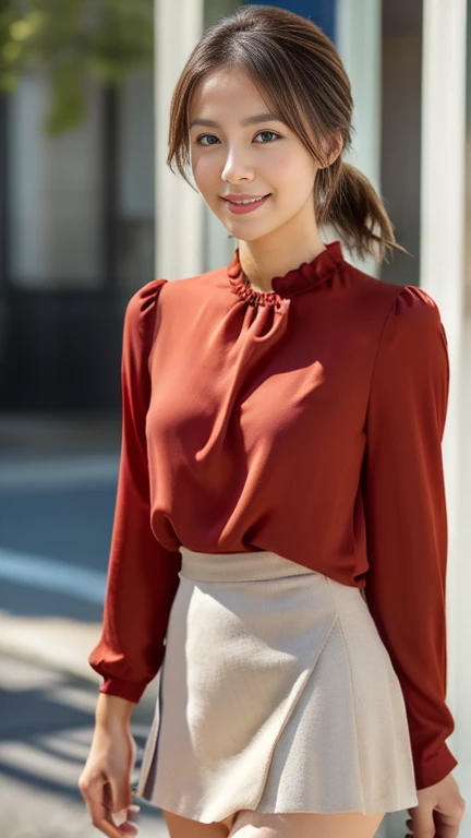 front view, from looking at viewer, Japanese Girls , (20-year-old),(Detailed face, Beautiful Eyes,Light brown pony tail fringe, Faint lips, smile), (Middle chest, Slender Hoist, Middle Hip, Little public hair) , (Red blouse:1.3),(Red mini skirt:1.3),pearl necklace, shoes, Full body , standing, on road, New-York city, (masterpiece, highest quality, High resolution, Photo realistic, sharp, RAW Photos, wallpaper, perfection, Professional Lighting, Very detailed),