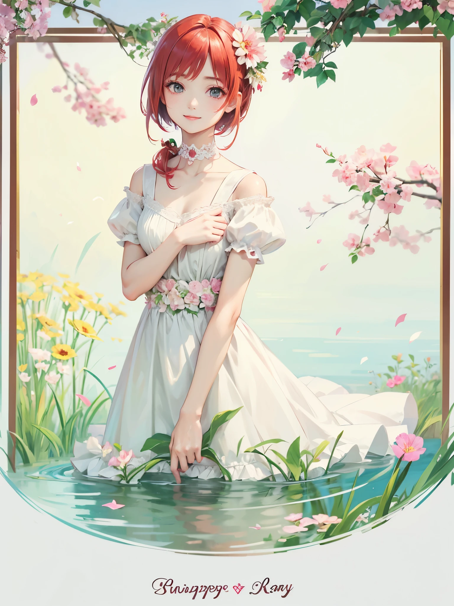 ((highest quality)), ((masterpiece)), (detailed), Perfect Face, , young, girl, Red Hair, Bob Hair, read Eyes, Iris Dress, Flowers, pink Flowers, Happy, sunny, Green Grass, Grass, White lace choker, romantic, A kind smile, View your audience, Portraiture, flat, ribbon、chest、skin、garden、bouquet、swaying on the surface of the water