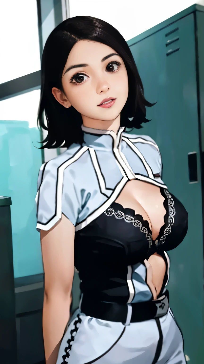 masterpiece, 最high quality, alone,One Girl,View your audience,Cowboy Shot,Anime Style, Ann,look at her, Great environment, Very detailed, high quality, Are standing, Blurred Background, , Change of clothes, , Upper body , Black , Pure white ,locker, window, Mid-, Mouth closed, sunlight, Lips parted, Backlight, 