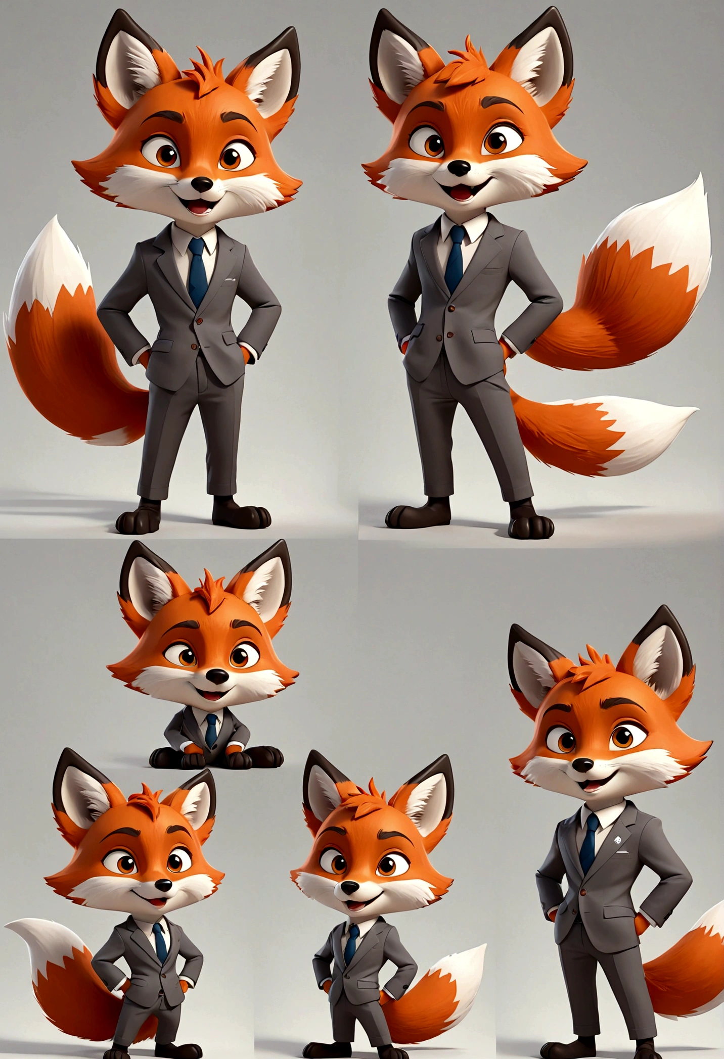 gray boy cartoon tailless fox character, multiple poses and expressions, 4 poses, full body, children's book illustration style, simple, cute, artist, full color, 3d model, light and shadow, suit clothes, flat color, white background