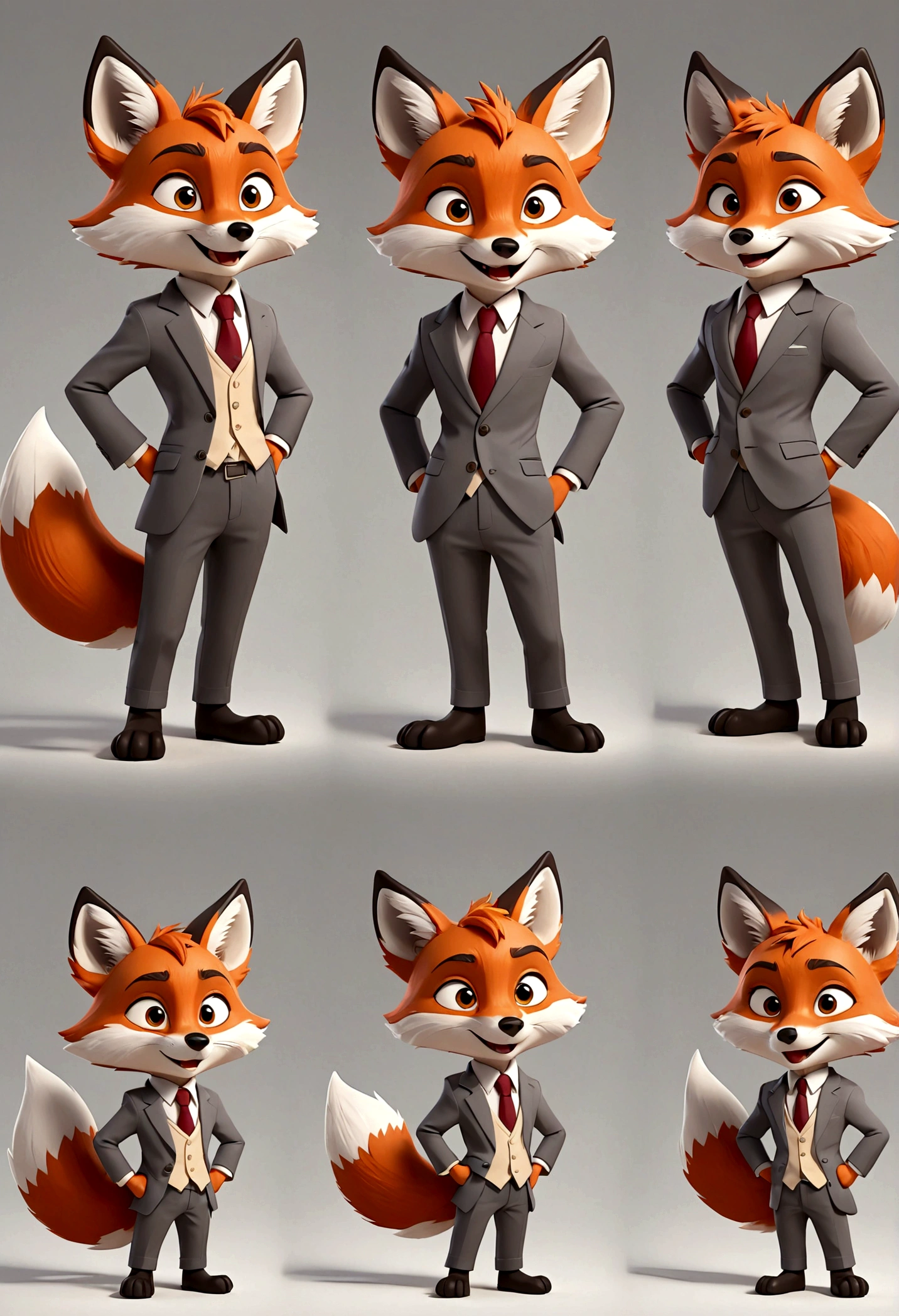gray boy cartoon tailless fox character, multiple poses and expressions, 4 poses, full body, children's book illustration style, simple, cute, artist, full color, 3d model, light and shadow, suit clothes, flat color, white background