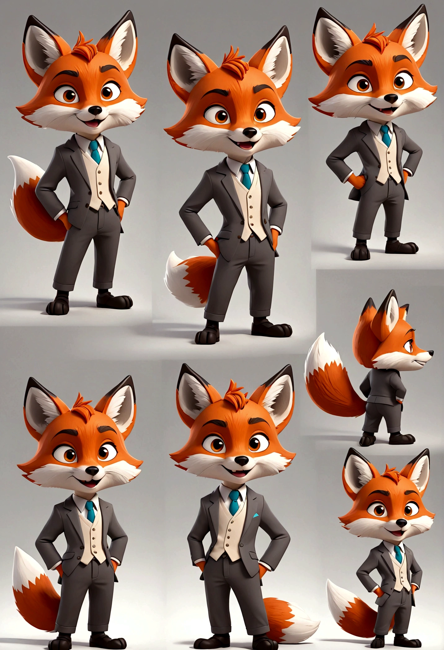 gray boy cartoon tailless fox character, multiple poses and expressions, 4 poses, full body, ren's book illustration style, simple, cute, artist, full color, 3d model, light and shadow, suit clothes, flat color, white background
