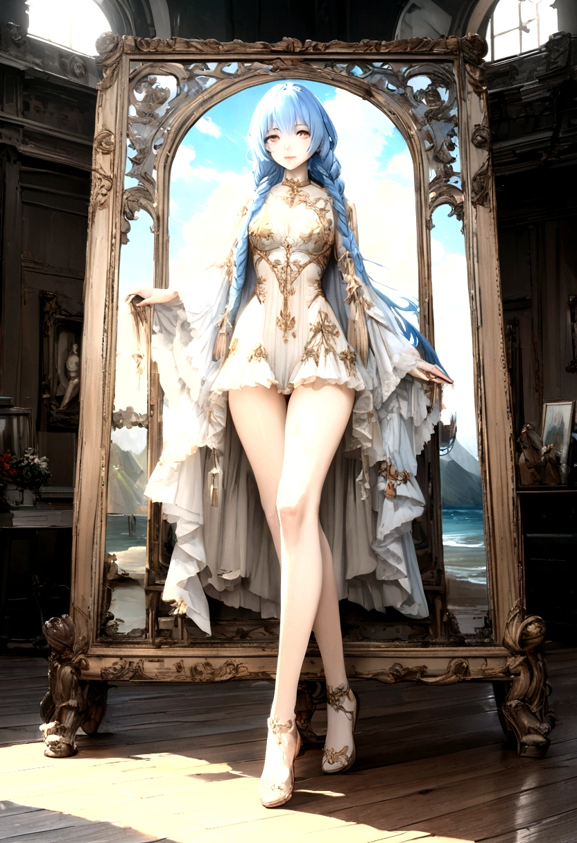 Blue Hair Surrealism, Character table, Reference Table, Standing painting, 8k, Super Detail, 1080P, Women HD, 4K, 8k, 16k, high resolution, best quality, high quality, Anatomically correct, masterpiece, precise, Ultra HD，grace，Unreal Engine，Delicate face，Long braids，slim，Long legs，miniskirt