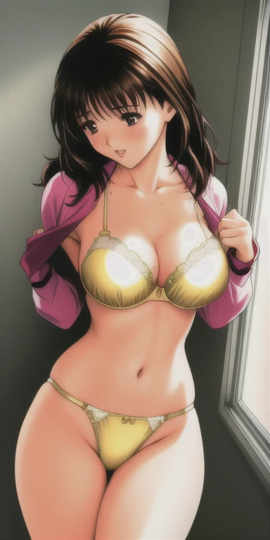 yoshizuki_iori, standing, solo, a close up of a woman wearing a bra and a jacket, bralette, lingeries beauty, black bra, push-up underwire. intricate, bra, wavy lingeries, honey birdette, gold bra, bbwchan, sie boob, wearing bra, sexy push up bras, tight push up bra, 🎀 🗡 🍓 🧚, beutiful
