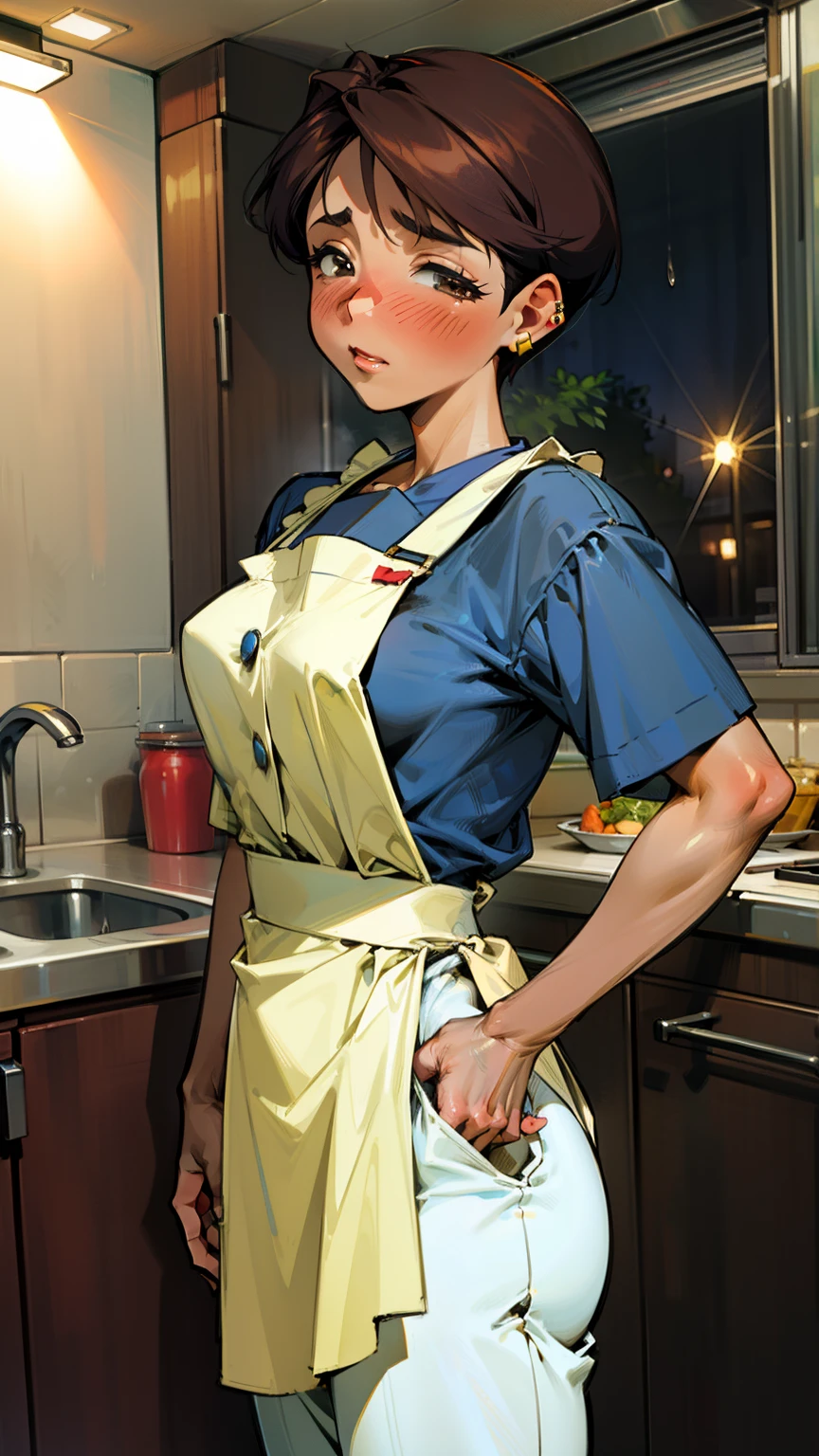 ,(Masterpiece), Best Quality, ultra-detailed, MIZUKITO, TAN, EARRINGS,half-closed  eyes, head scarf, white y shirts(buttons), white apron, white pants , , slender and sexy body, 1girl, solo,facing viewer, looking  at viewer,a come-hither face, parted lips, nose blush, blush,night time, school, in the a restaurant kitchen, against the sink, standing,  Sexy waist teasing ,mature women, a 40-year-old married woman, 