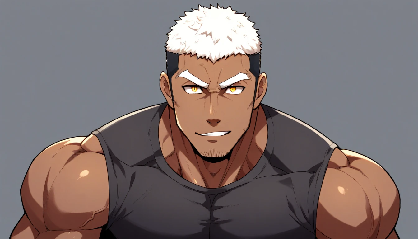 anime characters:Gyee, Fitness coach, negro black skin, 1 muscular tough guy, Manliness, male focus, Cream White Sleeveless Tight T-Shirt, Very tight, The pectoral muscles are oversized, Slightly transparent, muscular male, muscular, only, Upper body, alone, White short hair, Thick eyebrows, stubble, Yellow eyes, Grey background, simple background, amazing quality, best aesthetics, Ridiculous, bright pupils, crew cut, parted lips, seductive smile, torogao, naughty face, best quality