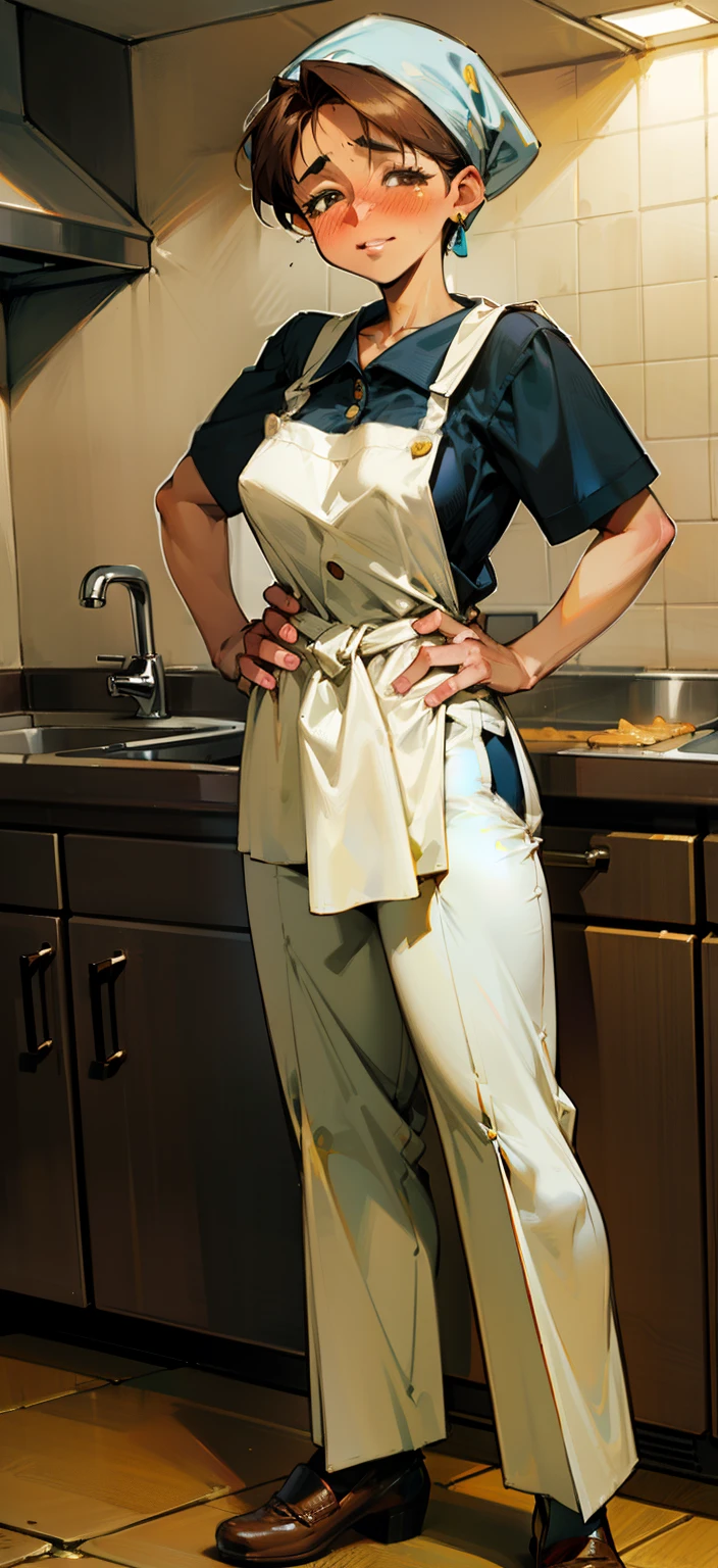 ,(Masterpiece), Best Quality, ultra-detailed, MIZUKITO, TAN, EARRINGS,half-closed  eyes, head scarf, white y shirts(buttons), white apron, white pants , , slender and sexy body, 1girl, solo,facing viewer, looking  at viewer,a come-hither face, parted lips, nose blush, blush,night time, school, in the a restaurant kitchen, against the sink, standing,  Sexy waist teasing, Full-body , mature women, a 40-year-old married woman, 