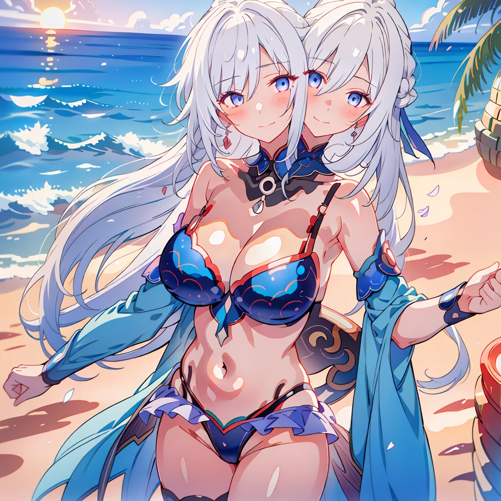 (masterpiece, best quality), best resolution, (2heads:1.5), 1girl, jingliu character, white hair, blue eyes, black bikini, blushing, smiling, different facial expressions, nervous, shy, beach at sunset, close-up, big tits,