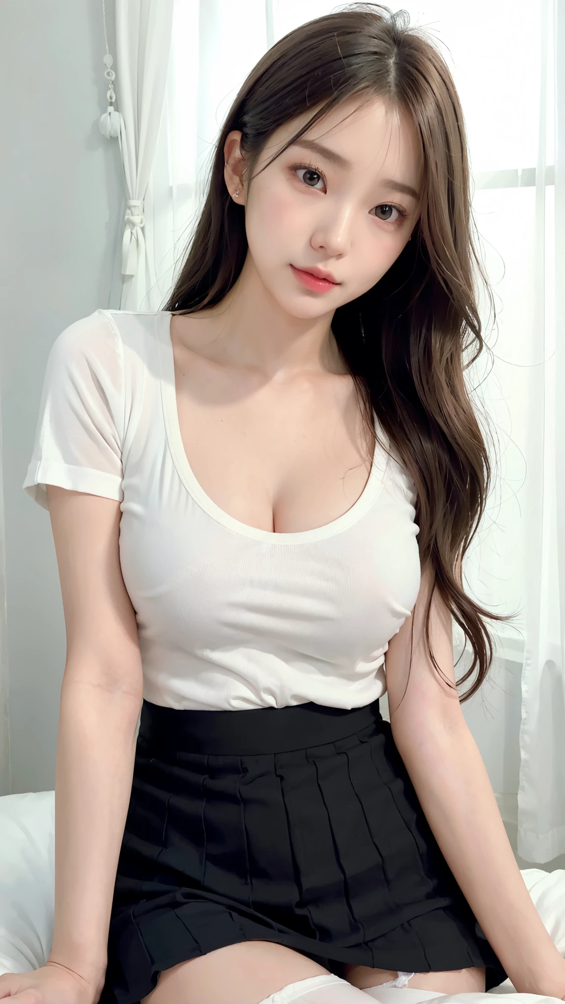 Photorealistic, high resolution, Soft light, 22-year-old korean girl ,Solo, (wavy blonde hair), Hips up, shiny skins, (Detailed face),jewelry, ((detailed White tight shirt)), (( detialed Black tight mini short skirt)), ((detailed transparent white pantyhose)), a garter belt, Night, The beautiful, Grab the audience's eye, Lover's perspective, Invitation expression, Sexy smile, Perfect style, Perfect balance, Detailed skin, mischievous gaze, 20-year-old korean girl、(wavy blonde hair) ,beauty breasts, fair white skin、shiny white skin、bright silver long hair、light white long hair、、Beautiful eyes with random colors、Very thin lipeautiful eyes finely detailed、elongated eyes、pale pink blush、long eyelash、Beautiful double eyelids、eyeshadows、neckless、耳Nipple Ring、 dark brown hair、(wavy blonde hair)、Beautiful eyes with random colors、very thin lips, finely detail、elongated eyes、pale pink blush、long eyeslashes、Smilling, Beautiful double eyelid、Lighting that emphasizes beautiful skin、Lustrous skin 2, (detailed face ), Highly detailed face and skin texture, Detailed eyes, Double eyelid,  ((Aroused: 1.5)), ((night city))