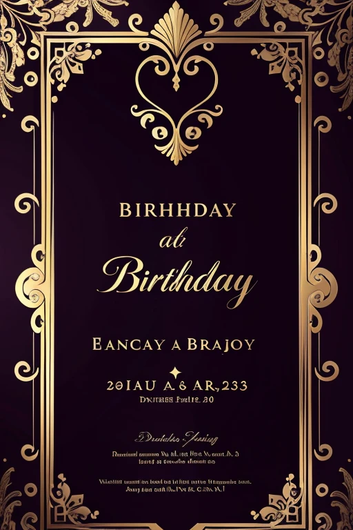 Birthday invitation with purple, dourado e preto com fundo branco